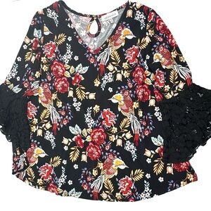 Floral Black Blouse with Bell Sleeves